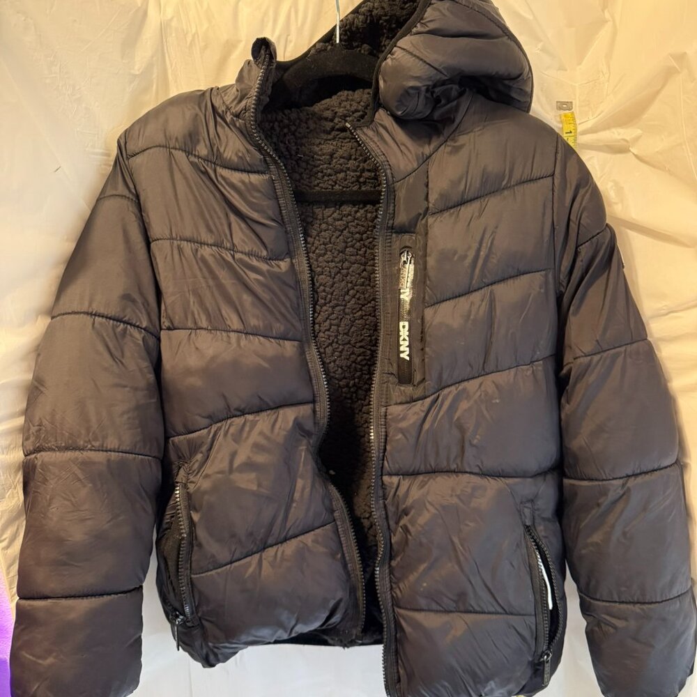 DKNY Sherpa Lined Puffer Jacket Womens Small Black Hooded Winter Coat